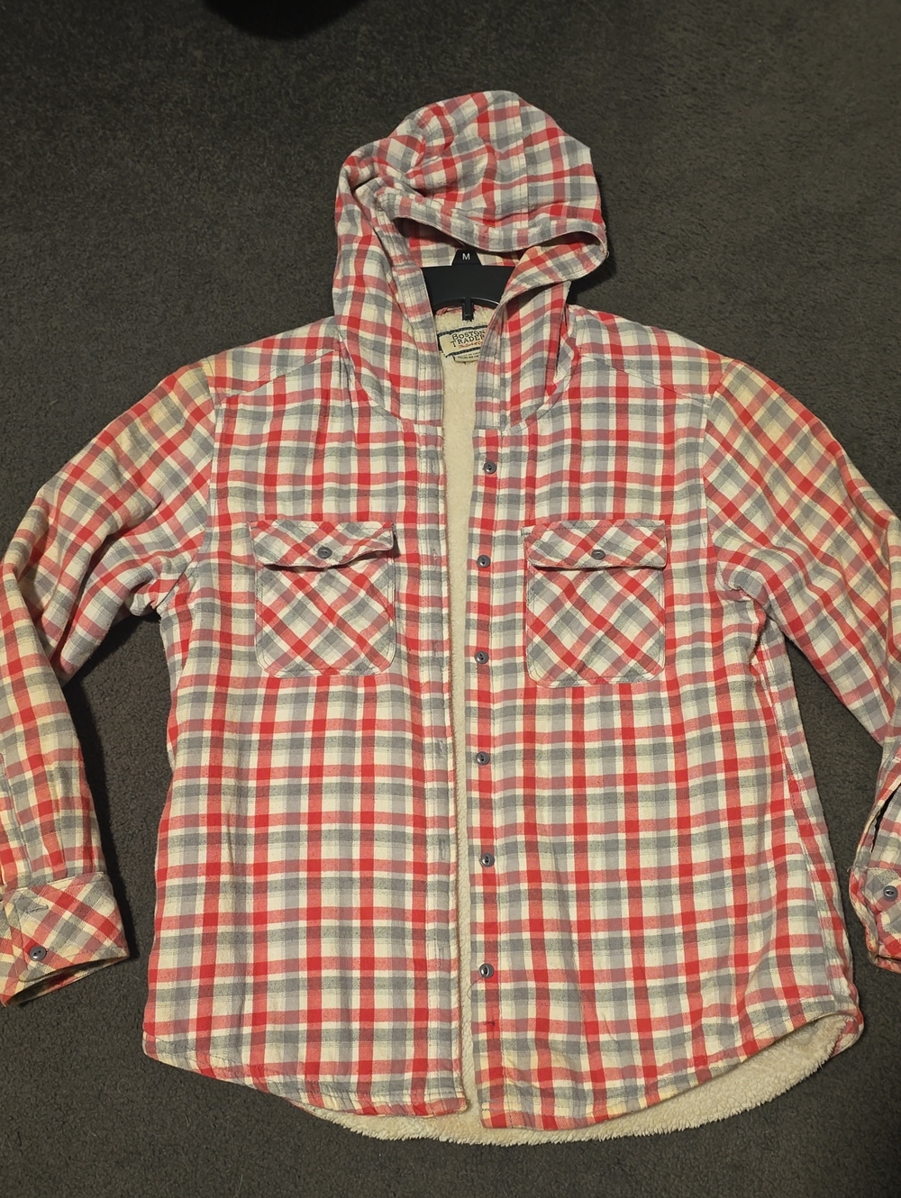 Boston Traders Plaid Hooded Sherpa-Lined Jacket - Red, Gray & Cream